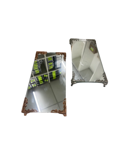 BANDEJA ESPELHADA COM PERNAS EM METAL 10X20 CM DOURADA E PRATEADA